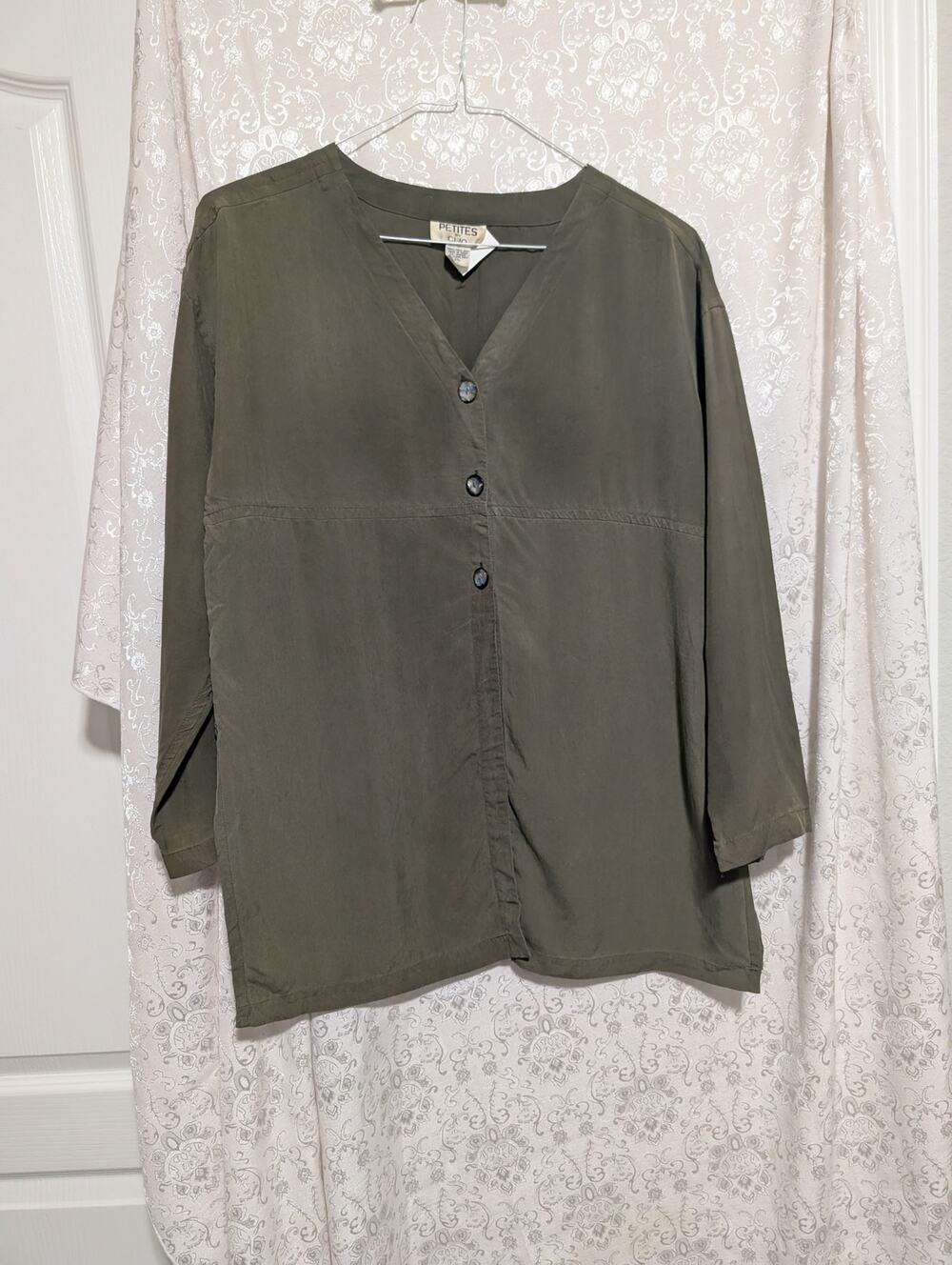 Vintage Petites By Clio 100% Silk Olive Green Duster Blouse PL